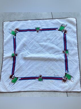 Gucci VTG Scarf with Green Dog Motifs and Red-Blue Web Stripe Logo 100% Cotton